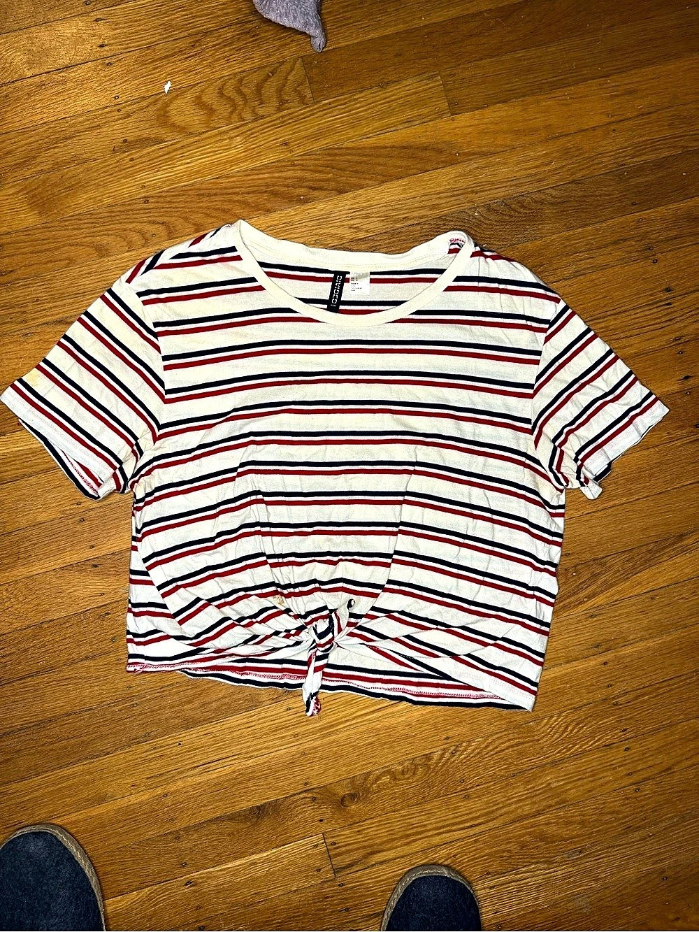 H&M Striped Tie-Front Tee in White & Red Size Large